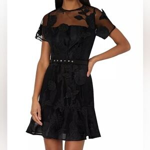 MILLY Rosalind 3D Floral Butterfly Belted Black Organza Peplum Dress Size 6
